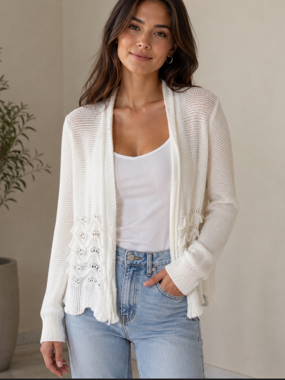 Banana Republic White Scallop Ruffle Detail Open Front Cardigan Size M